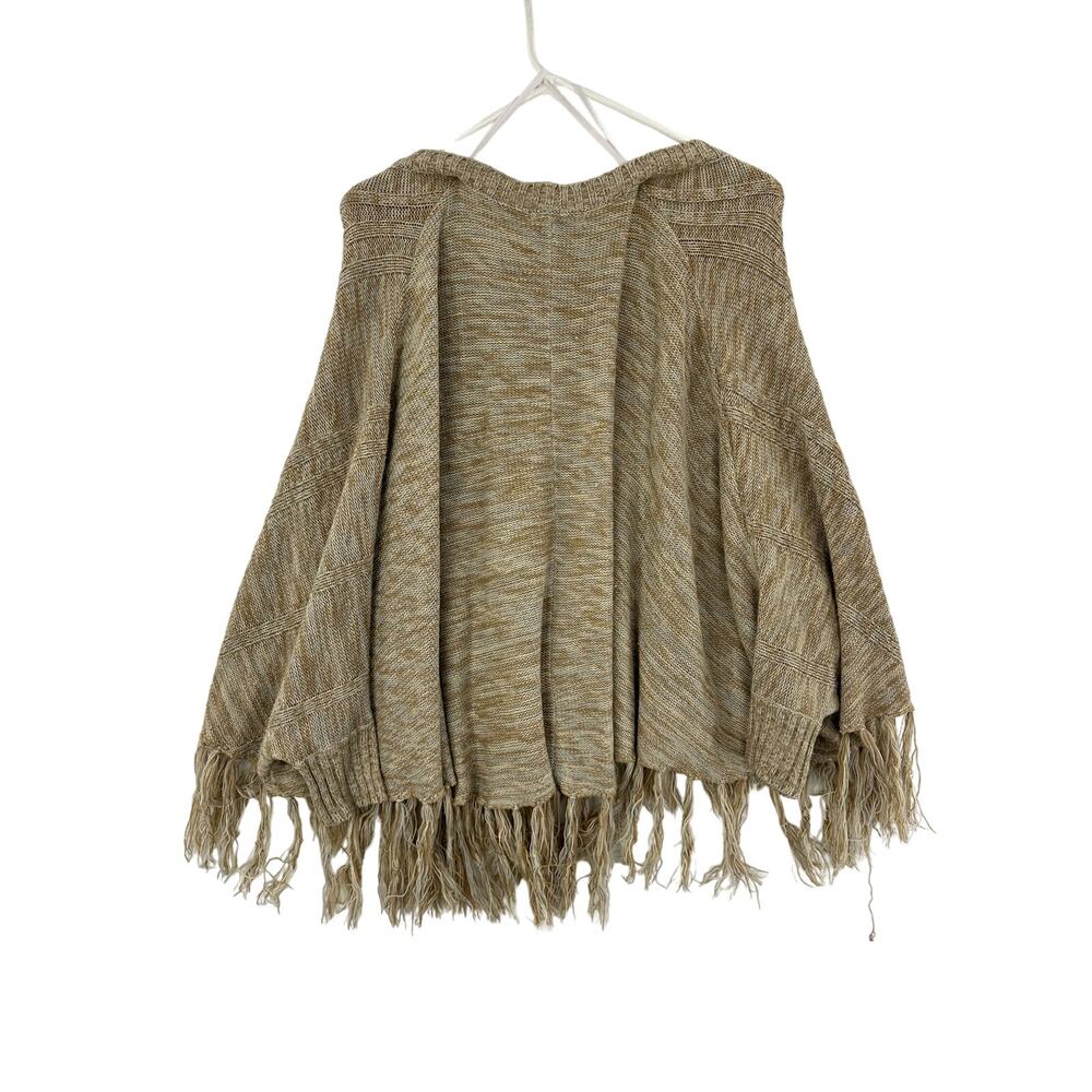 GB Cream and Tan Poncho Shrug with Fringe, XS, Preowned - Picture 2 of 6